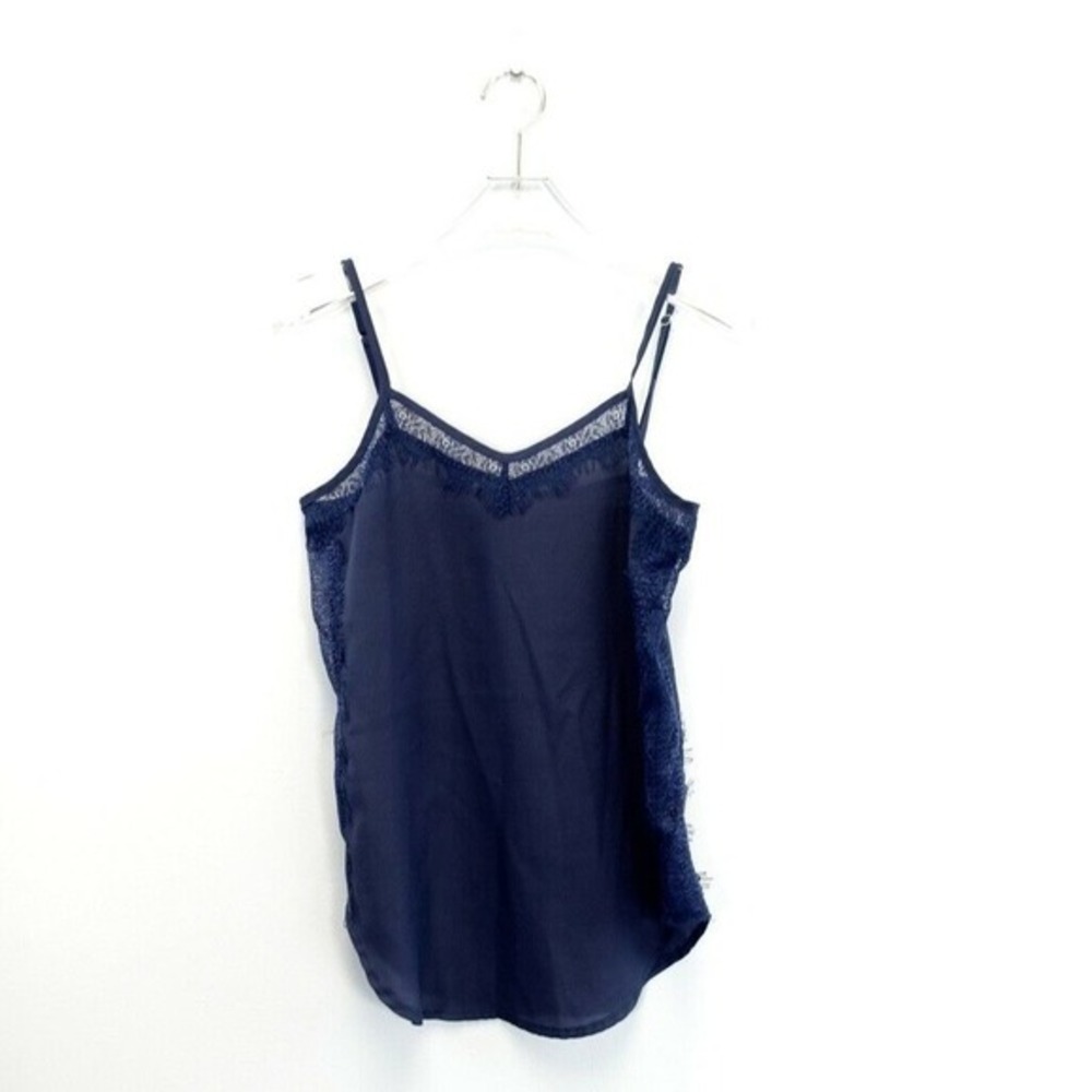Camisole Tank Top Womens XS Navy Blue Eyelash Lace Sheer‎ Trim Strappy ROSA CHA